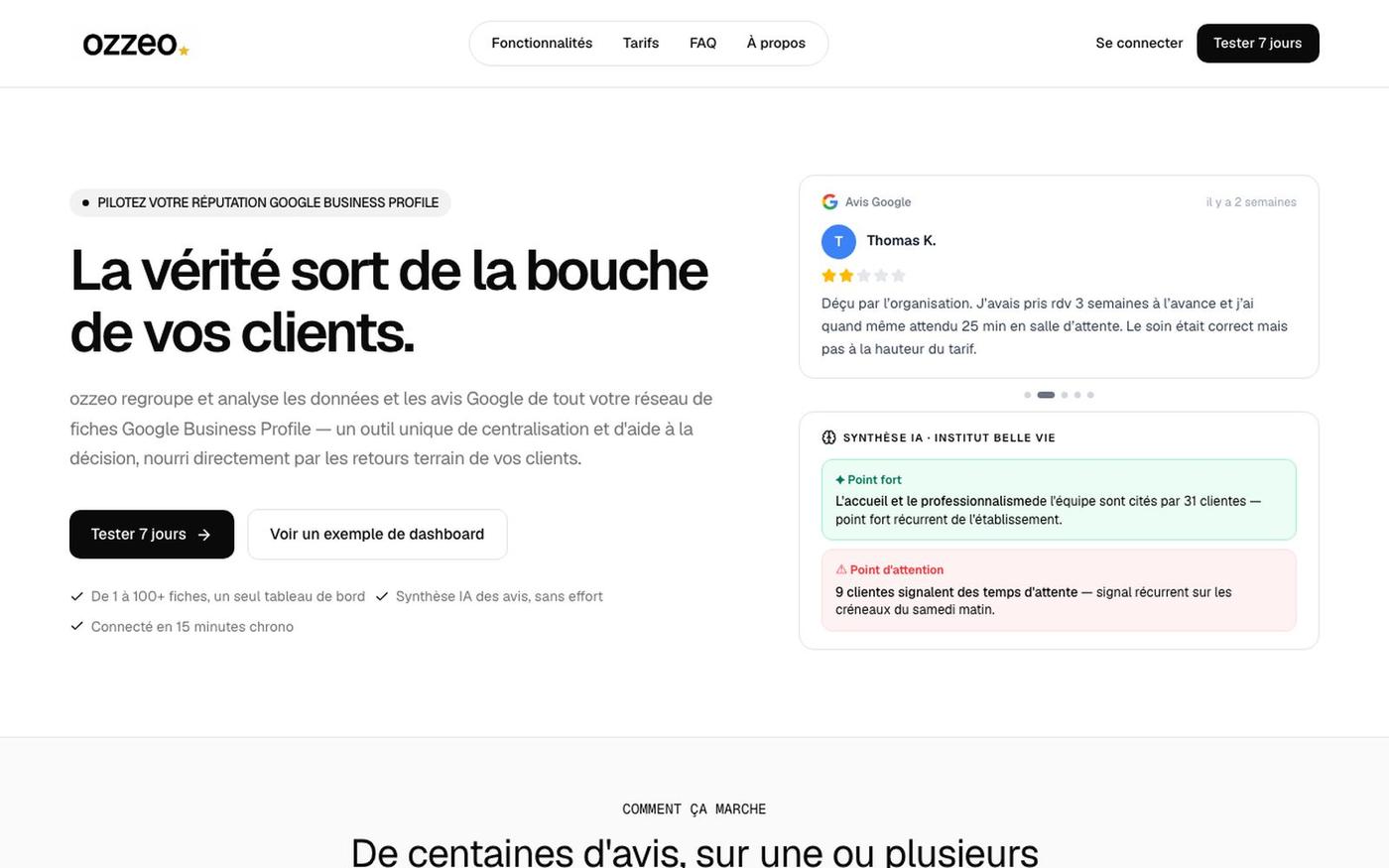 ozzeo — Pilotage de réputation et performance Google multi-fiches — screenshot