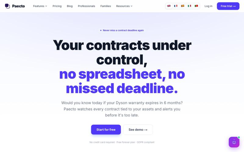 Logiciel gestion contrats, alertes auto sans Excel | Paecto — screenshot