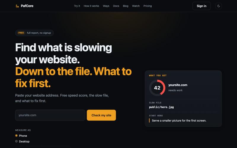 PafCore: find what is slowing your website. Down to the file. What to fix first. — screenshot