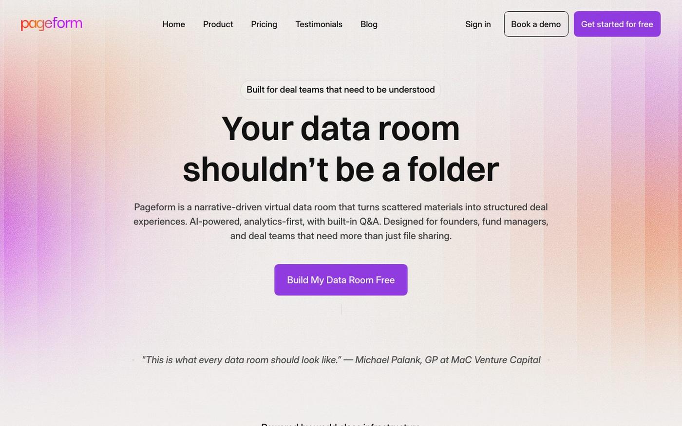Pageform | Narrative-Driven Virtual Data Room for Deal Teams — screenshot