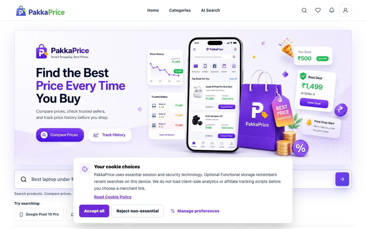 PakkaPrice - Compare Prices Across India's Top Online Stores — screenshot