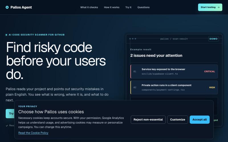 AI Code Security Scanner for GitHub | Pallos Agent — screenshot