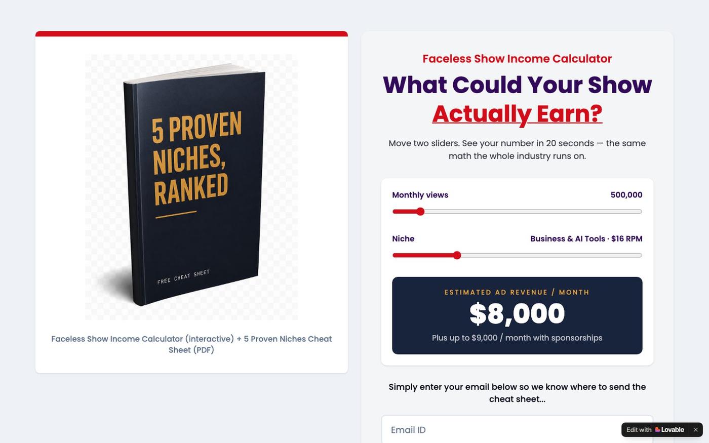 Faceless Show Income Calculator + 5 Proven Niches Cheat Sheet — screenshot
