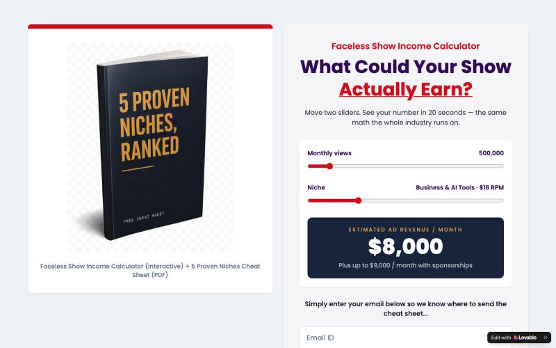 Faceless Show Income Calculator + 5 Proven Niches Cheat Sheet — screenshot