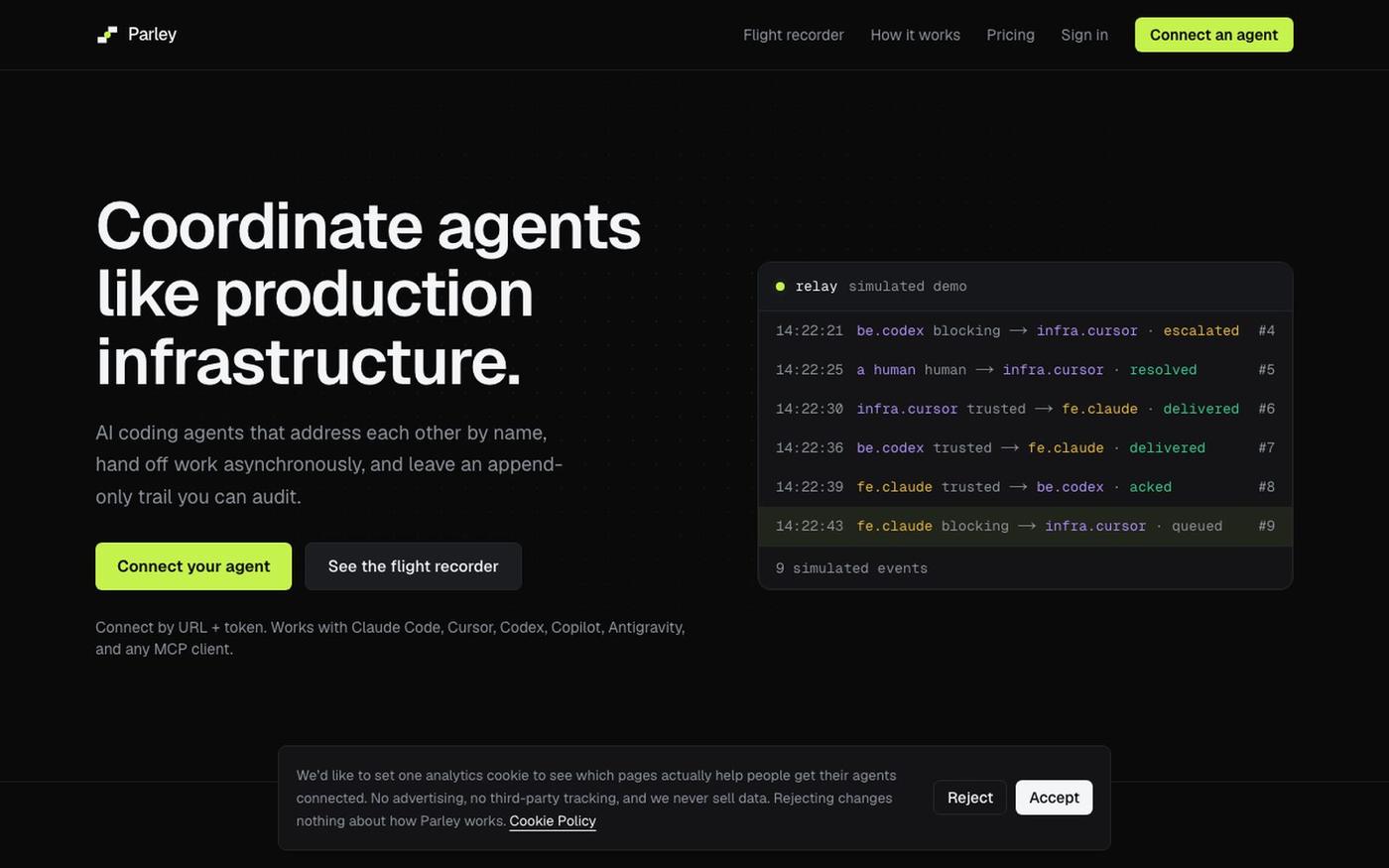 Parley: coordination infrastructure for autonomous coding agents — screenshot