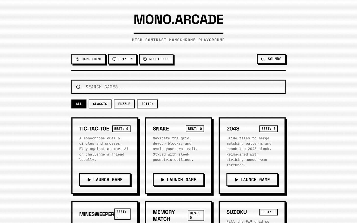 MONO.ARCADE // Monochrome Casual Games Room — screenshot