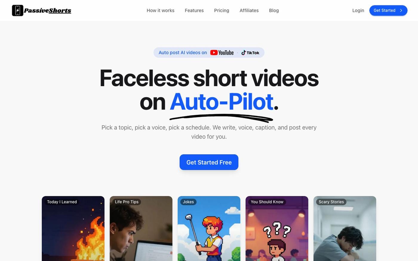 AI Faceless Video Generator for TikTok & YouTube | PassiveShorts — screenshot
