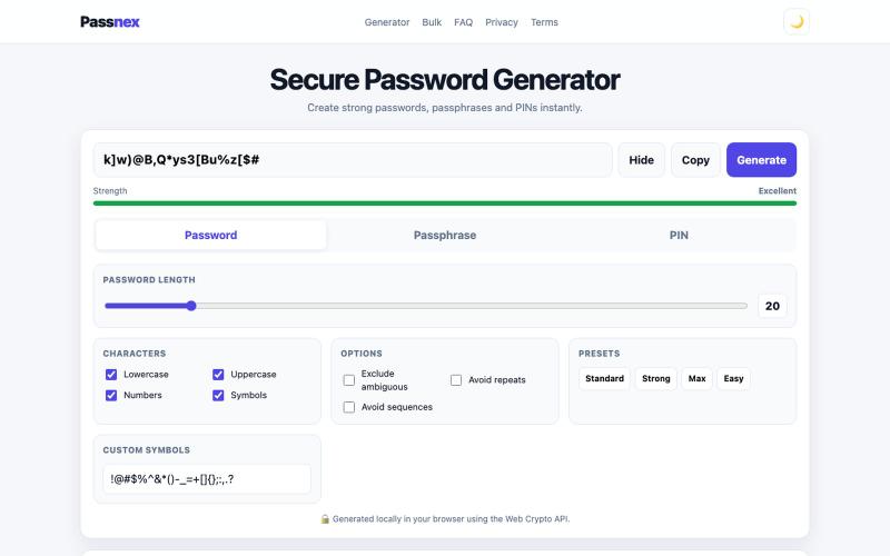 Passnex — Free Secure Password Generator — screenshot