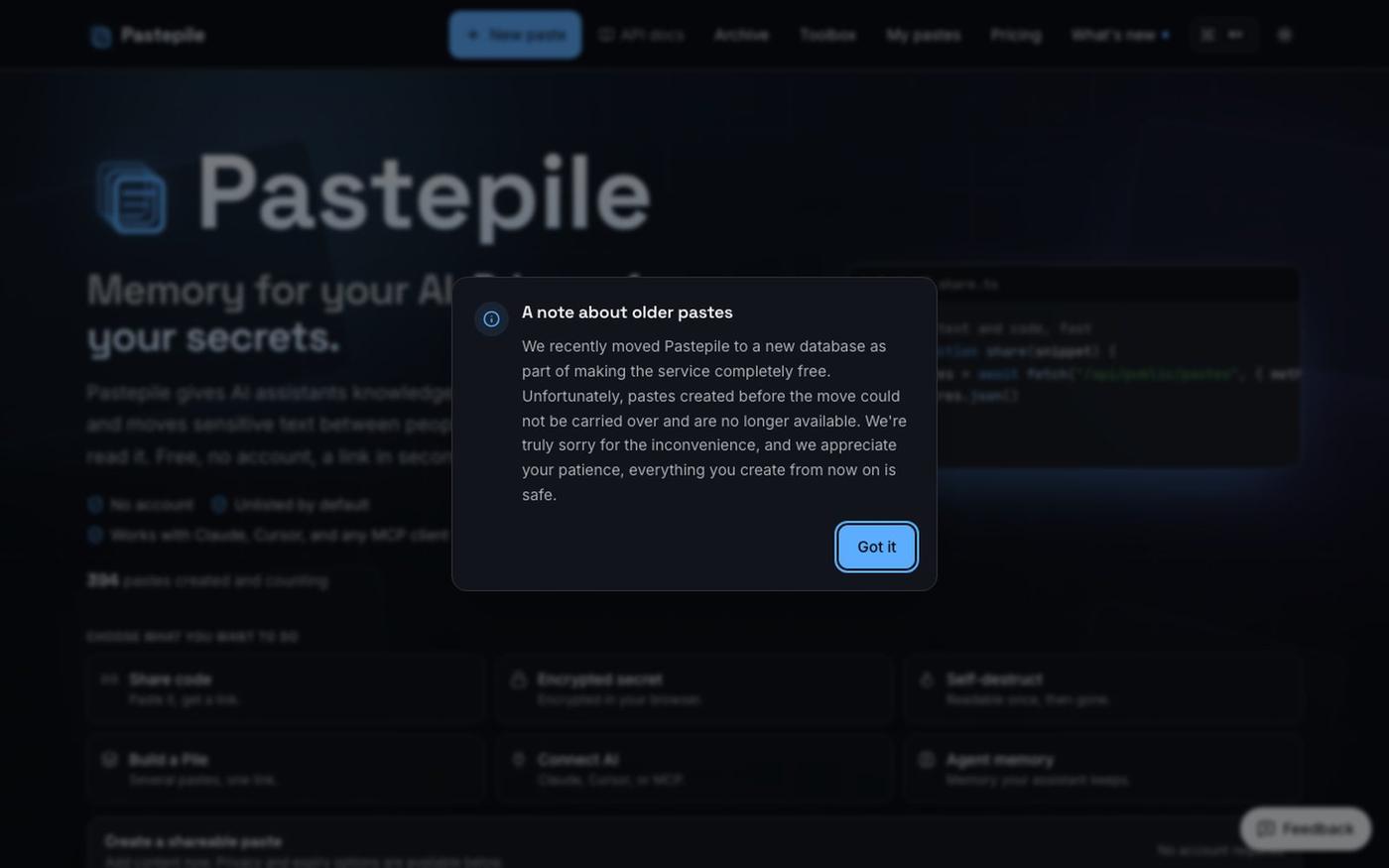 Pastepile - Memory for your AI. Privacy for your secrets. — screenshot