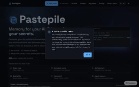 Pastepile - Memory for your AI. Privacy for your secrets. — screenshot