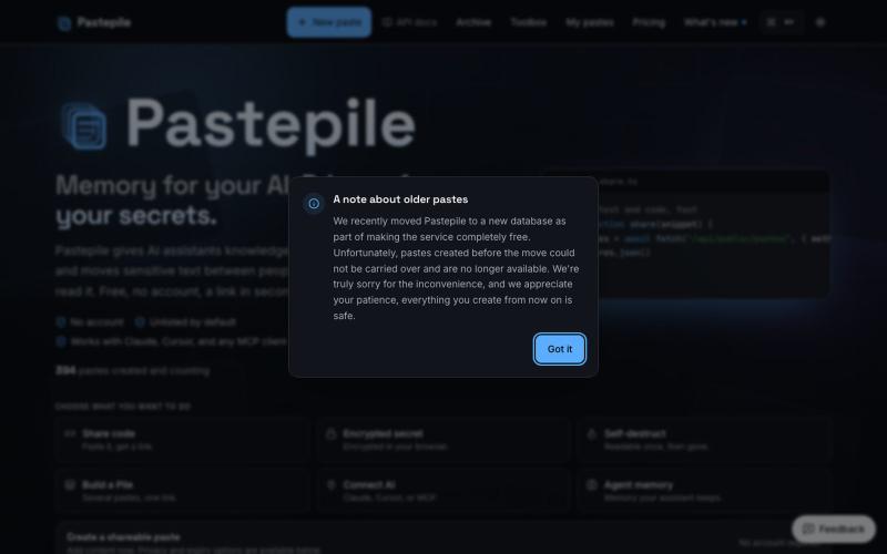 Pastepile - Memory for your AI. Privacy for your secrets. — screenshot