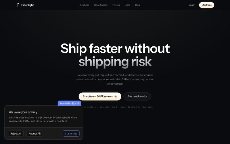 Patchlight — AI code review & security monitoring for GitHub — screenshot