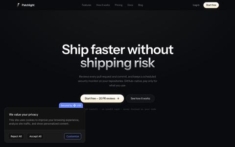 Patchlight — AI code review & security monitoring for GitHub — screenshot