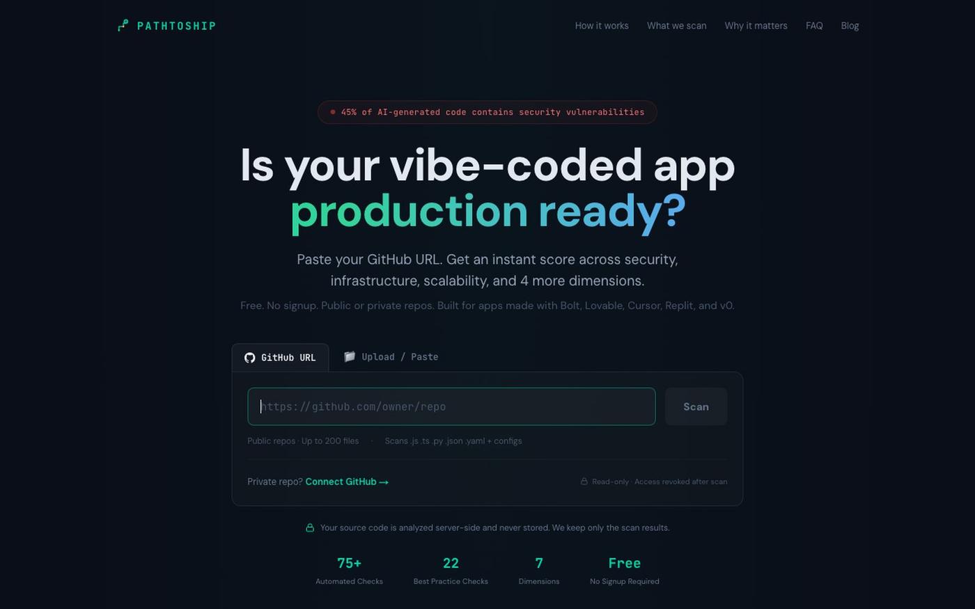 PathToShip — Is Your Vibe-Coded App Production Ready? — screenshot
