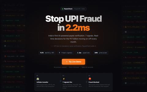 PayeeCheck — UPI Payee Verification & Fraud Detection API for Indian Fintechs — screenshot