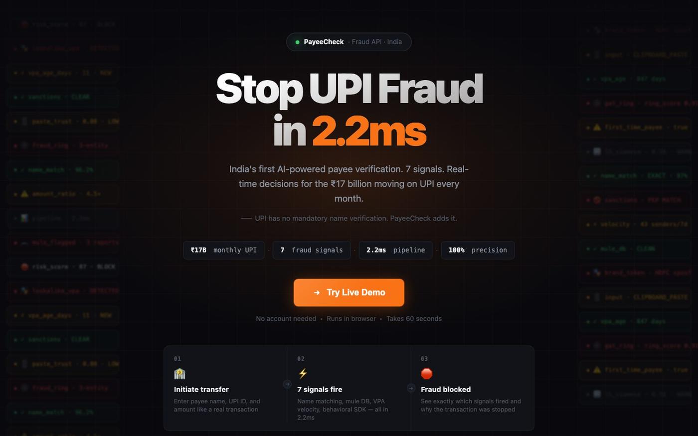 PayeeCheck — UPI Payee Verification & Fraud Detection API for Indian Fintechs — screenshot