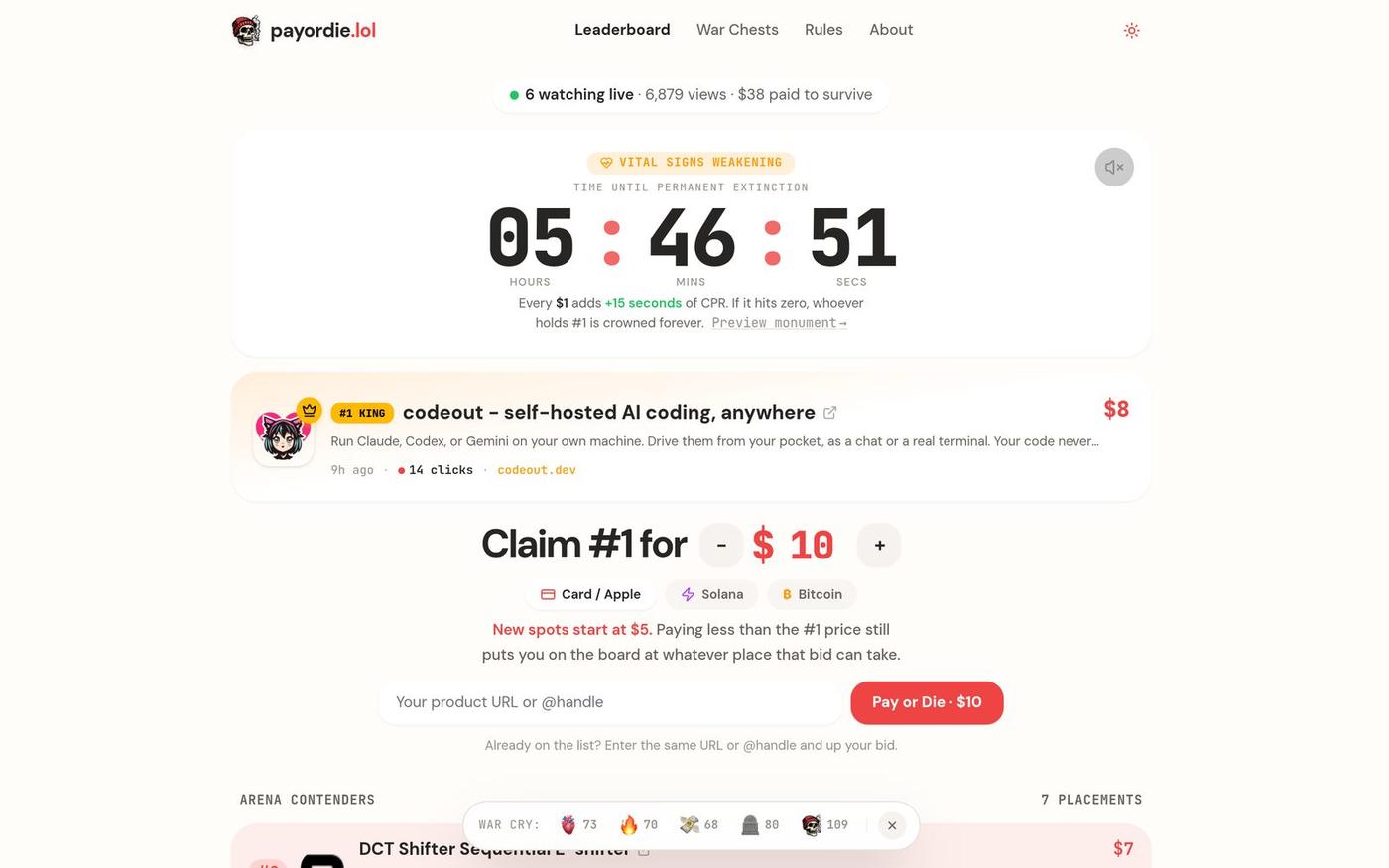 payordie.lol · The Living Leaderboard (Pay to Survive or Flatline) — screenshot