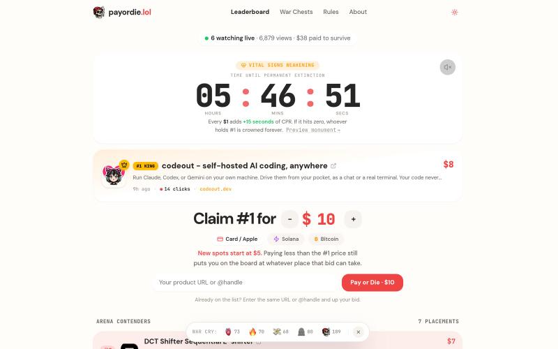 payordie.lol · The Living Leaderboard (Pay to Survive or Flatline) — screenshot