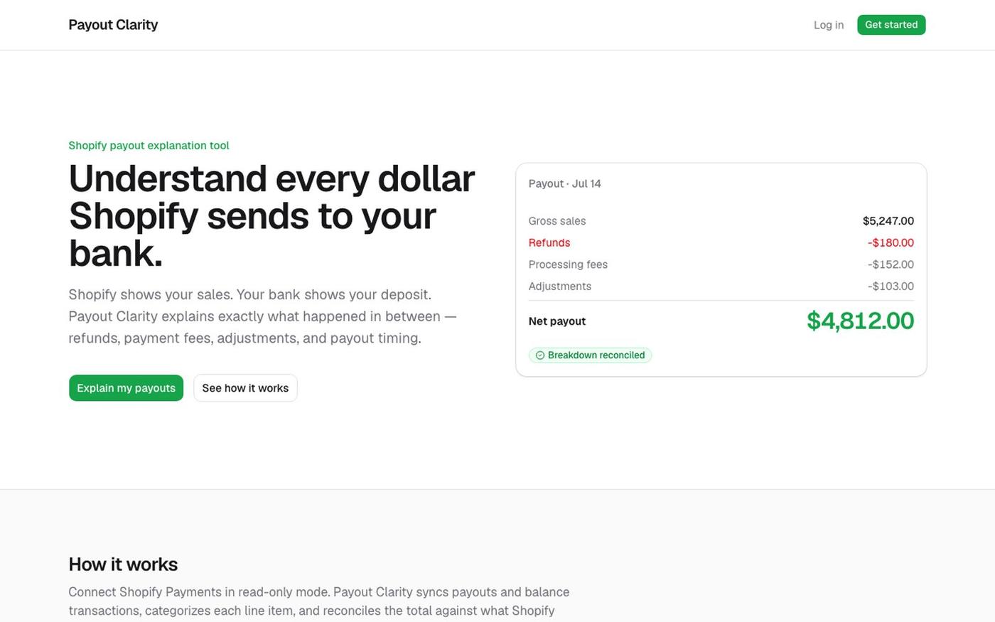 Payout Clarity — Understand every dollar Shopify sends to your bank — screenshot