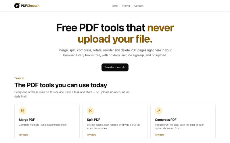 Free PDF tools that never upload your file — PDFCheetah — screenshot