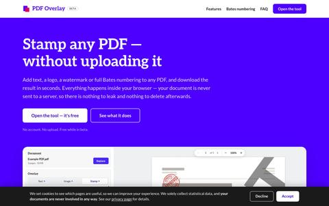 PDF Overlay — Add Text, Images & Bates Numbers to a PDF, Free — screenshot