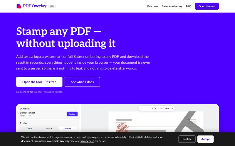 PDF Overlay — Add Text, Images & Bates Numbers to a PDF, Free — screenshot
