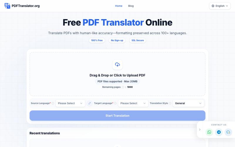 Free PDF Translator Online (AI-Powered) | PDFTranslator.org — screenshot