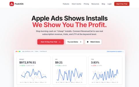 PeakASA — Apple Search Ads Optimization with Keyword-Level Revenue — screenshot