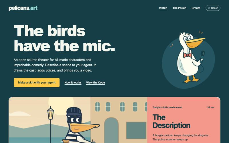pelicans.art — The birds have the mic — screenshot