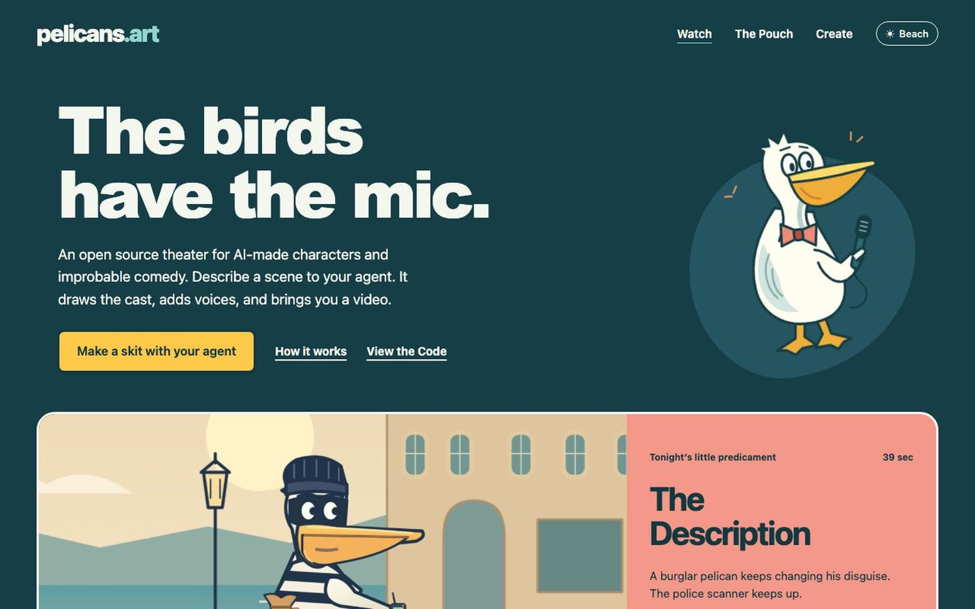 pelicans.art — The birds have the mic — screenshot