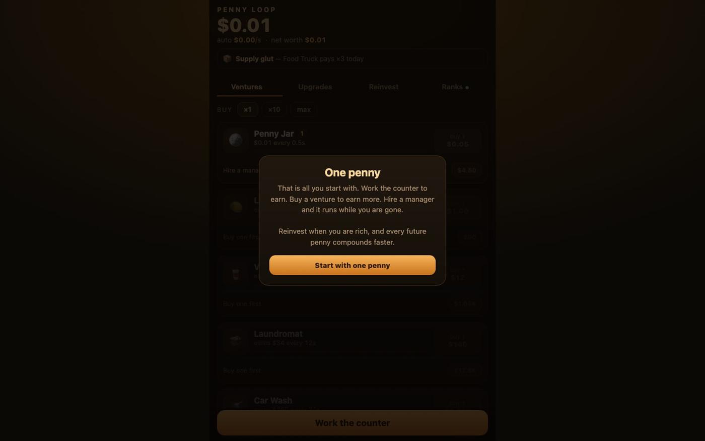 Penny Loop — compound one penny into an empire — screenshot