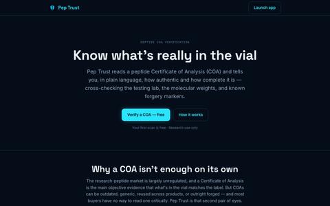 Pep Trust — Verify a Peptide COA (Certificate of Analysis) — screenshot