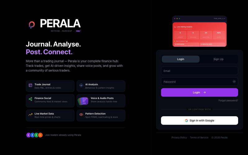 Perala – AI Voice Mini Cast, Social Feed, FOMO Tracking & AI Trading Journal — screenshot