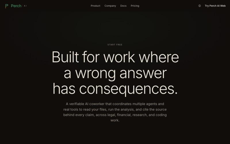 Perch AI: Verifiable AI for legal, finance, research, and coding — screenshot