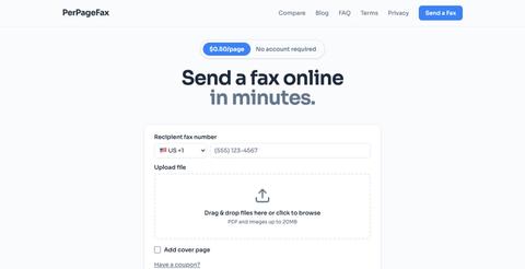 PerPageFax — Send faxes online. $0.50/page. No account required. — screenshot