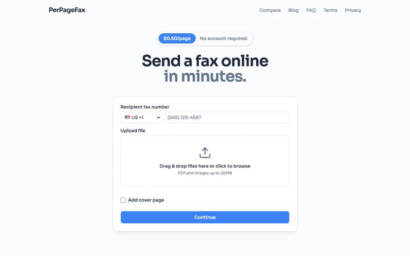 PerPageFax — Send faxes online. $0.50/page. No account required. — screenshot