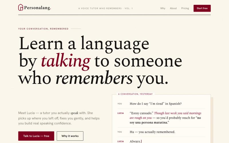 Personalang — Learn a language by talking to someone who remembers you — screenshot