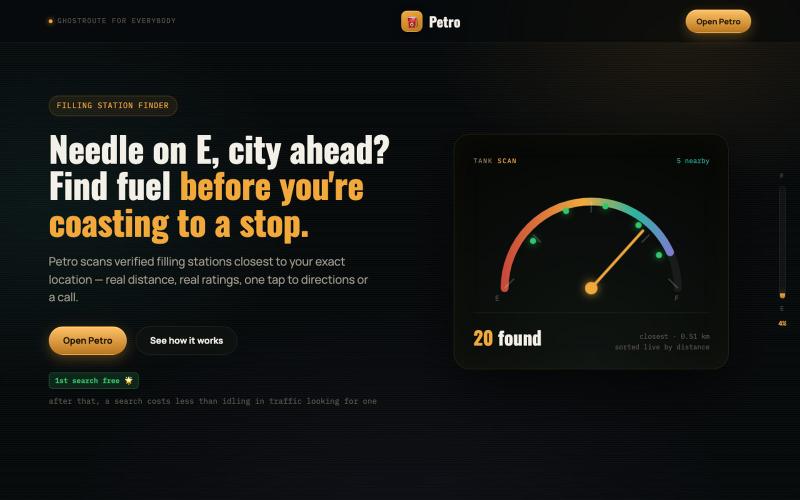 Petro — Find Fuel Before You're Running on Fumes | Ghostroute — screenshot