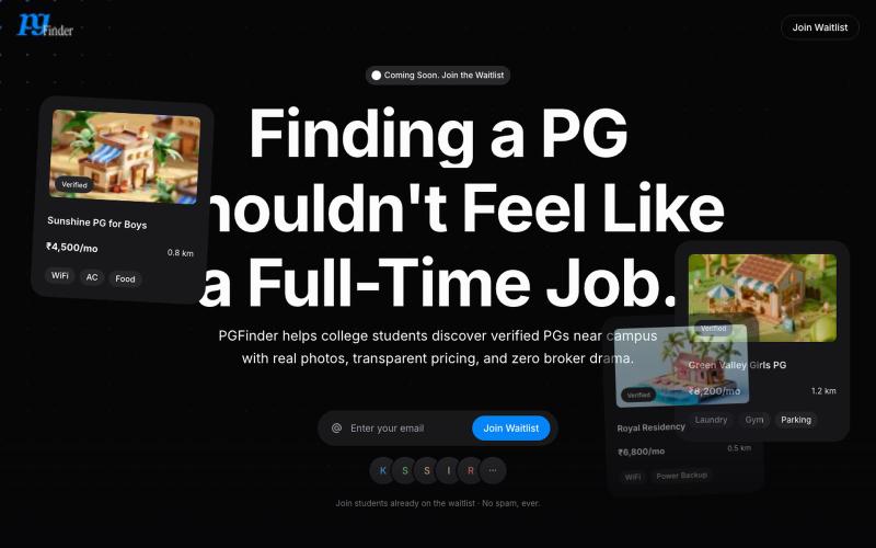 PGFinder · Find Your Perfect PG Near Campus — screenshot