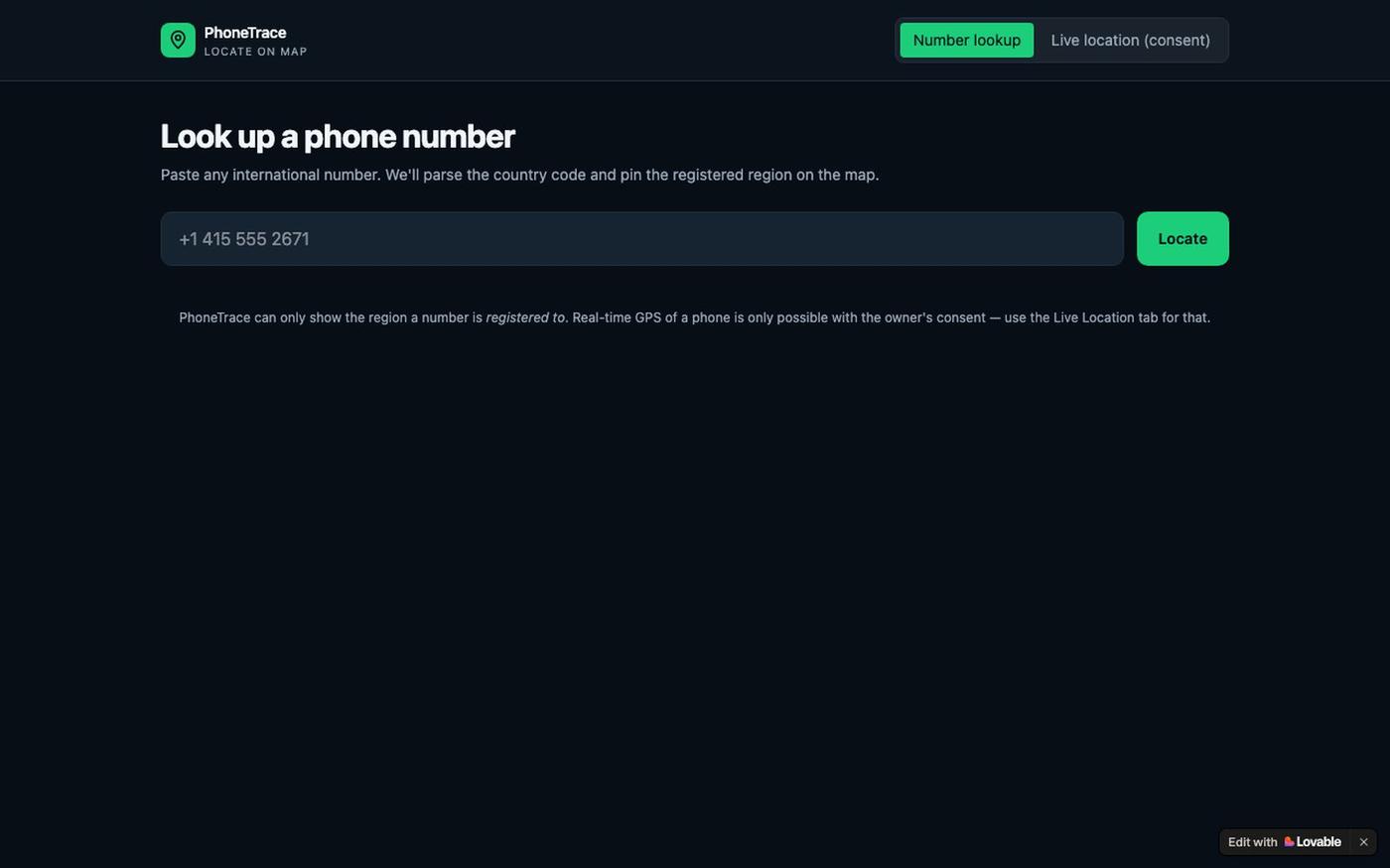 PhoneTrace — Locate any phone number on a map — screenshot