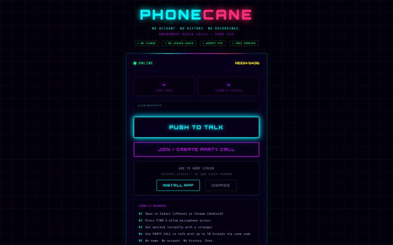 PhoneCane — Anonymous Voice Chat. No Account. No Signup. Talk to Strangers. — screenshot