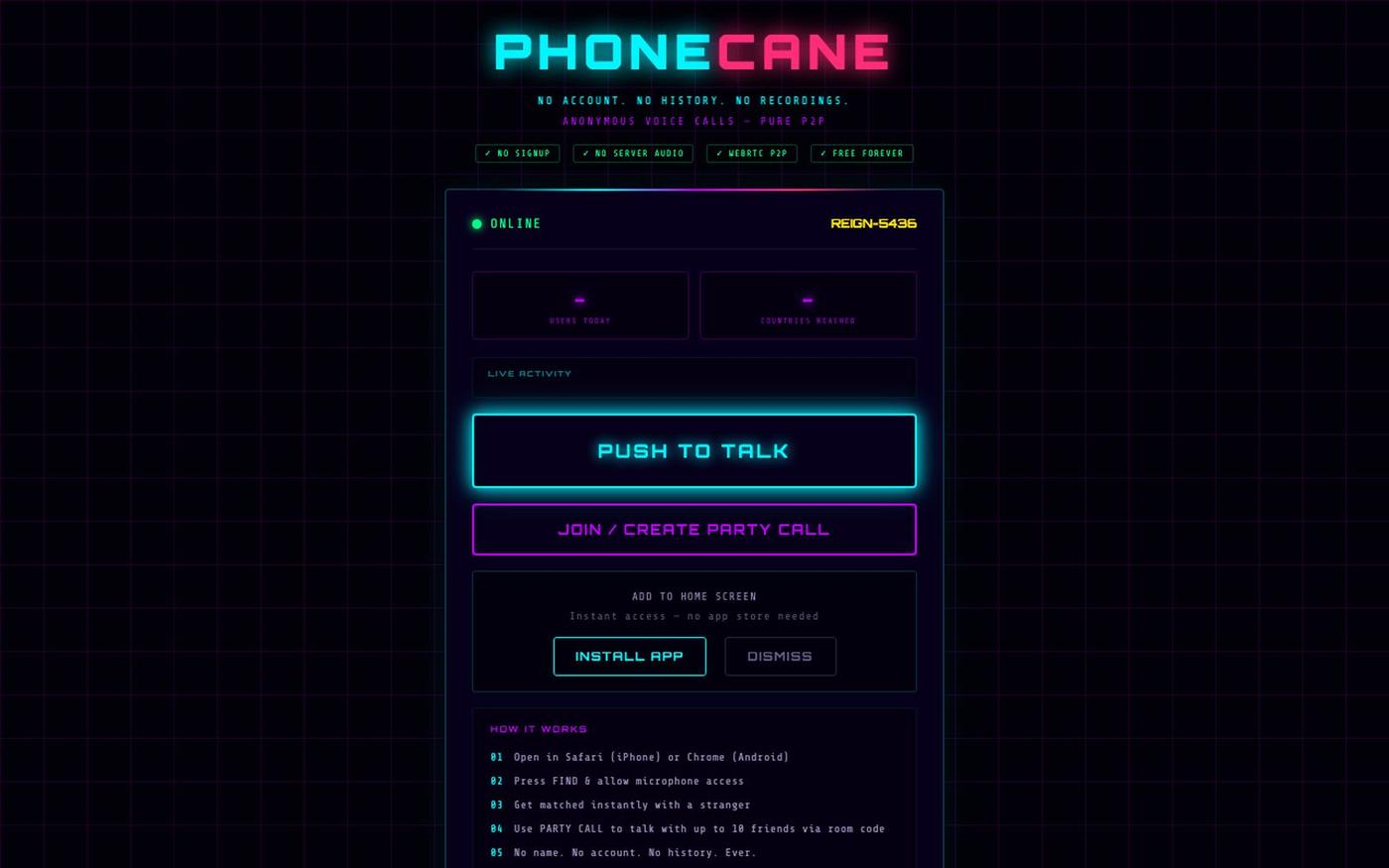 PhoneCane — Anonymous Voice Chat. No Account. No Signup. Talk to Strangers. — screenshot
