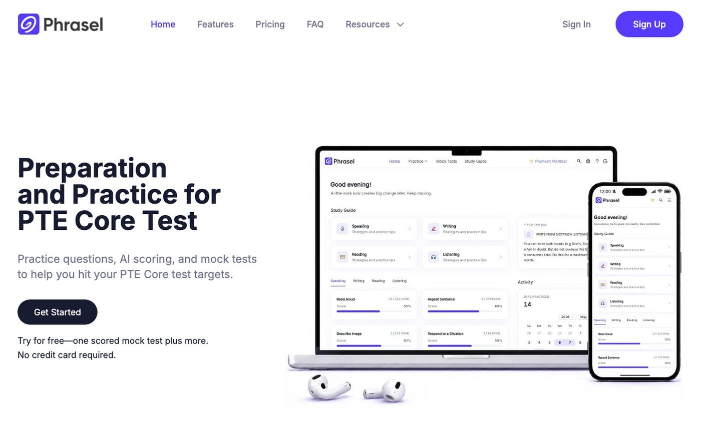 Phrasel: Free PTE Core Practice and Mock Tests — screenshot