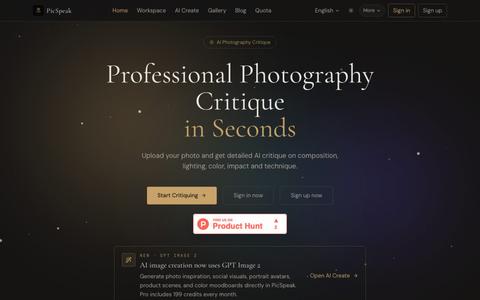 PicSpeak | AI Photo Critique and GPT Image 2 Visual References — screenshot