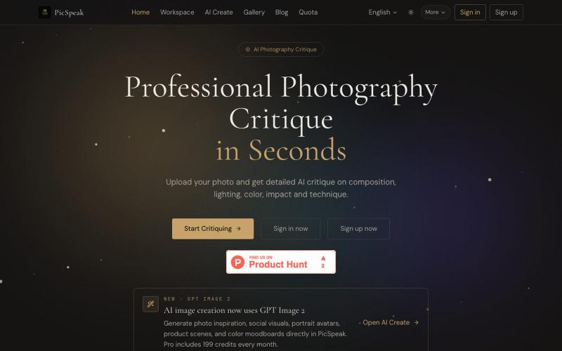 PicSpeak | AI Photo Critique and GPT Image 2 Visual References — screenshot