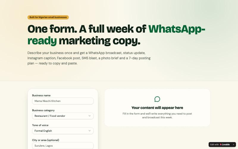 NaijaCopy — WhatsApp-first marketing copy for Nigerian SMBs — screenshot