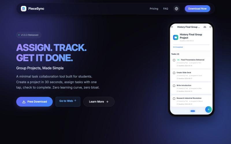 PieceSync · Assign. Track. Get it done. — screenshot