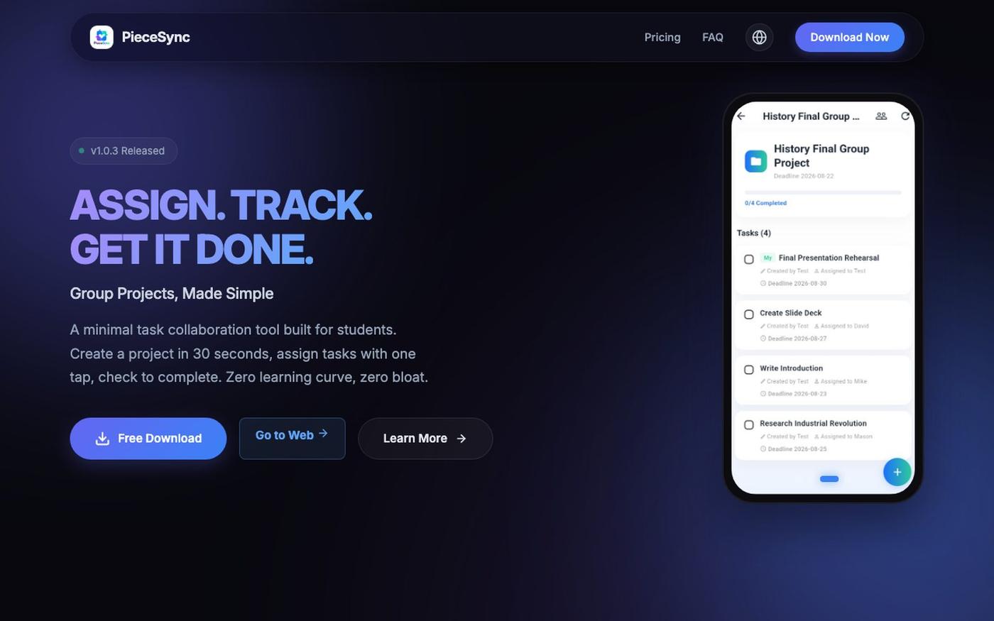 PieceSync · Assign. Track. Get it done. — screenshot