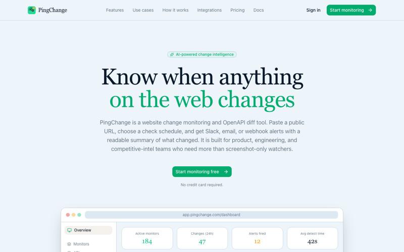 Website Change Monitoring & API Diff Alerts | PingChange — screenshot