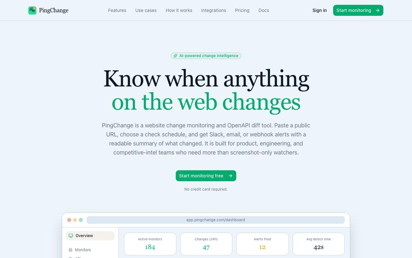 Website Change Monitoring & API Diff Alerts | PingChange — screenshot